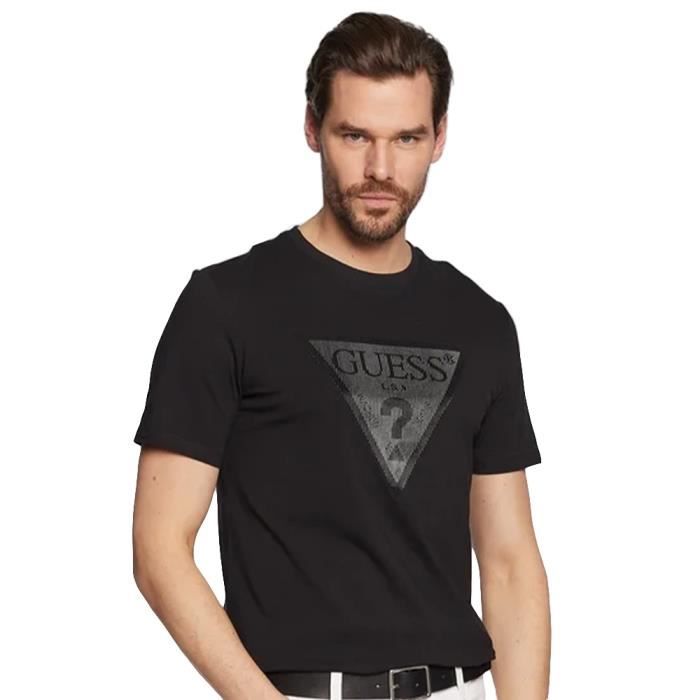 T shirt Guess Homme Classic logo triangle stéréoscopique Noir Coton - Authentique Vetement Guess Homme