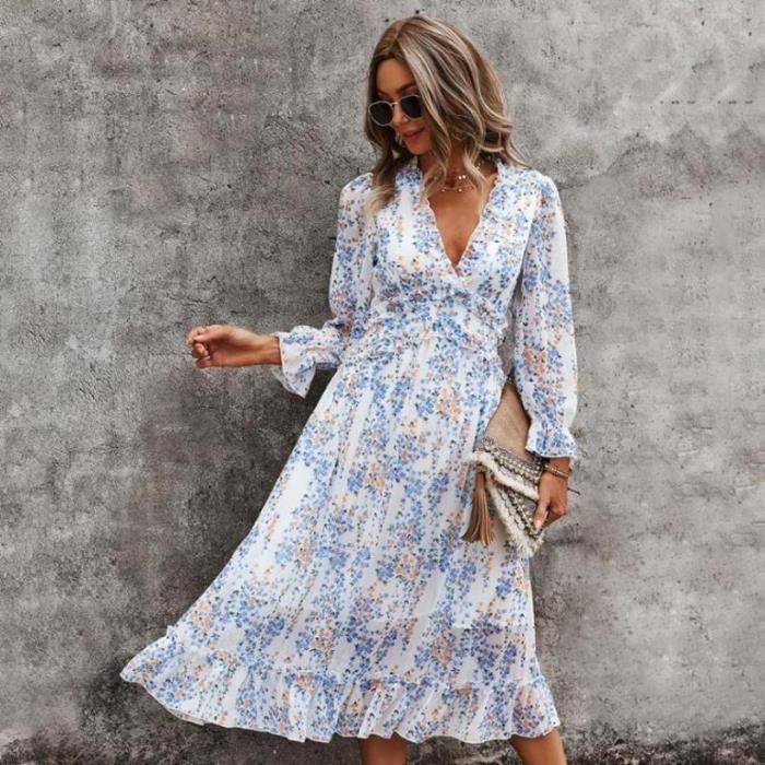 Robe Longue Femme été - Imprimé Fleurs, Col V, Manches Courtes, Taille Haute - Idéale Pour Plage, Vacances, Cocktail - 11