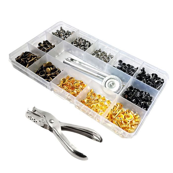 Kit 360 Rivets Double Capuchon Cuir 4 Couleurs 3 Tailles + Outils - Marteau Caoutchouc, Poinçon, Barres - Idéal Bricolage Cuir, Vêtements, Chaussures