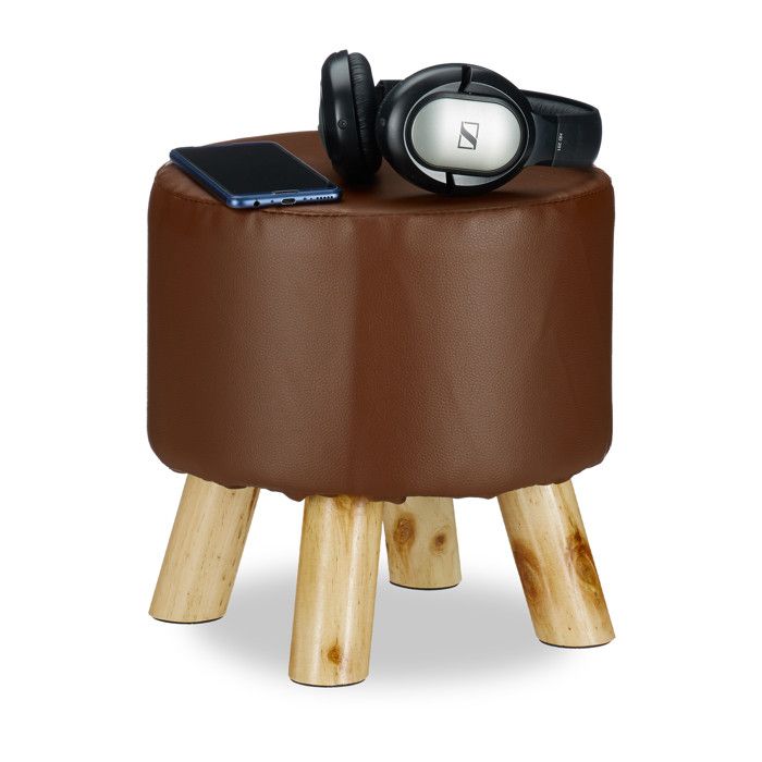 Relaxdays tabouret en similicuir rembourré 4 pieds en bois tabouret bas déco rond H x P: 30 x 30 cm marron