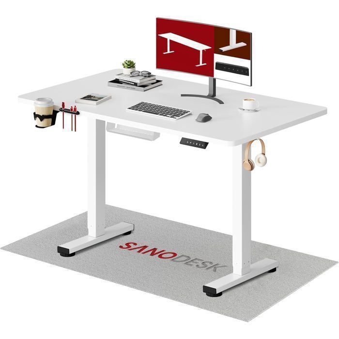 SANODESK Bureau Assis Debout Plateau Complet 110x54cm Système Anti-Collision Fonctions Mémoires Crochet/Porte-gobelet Blanc