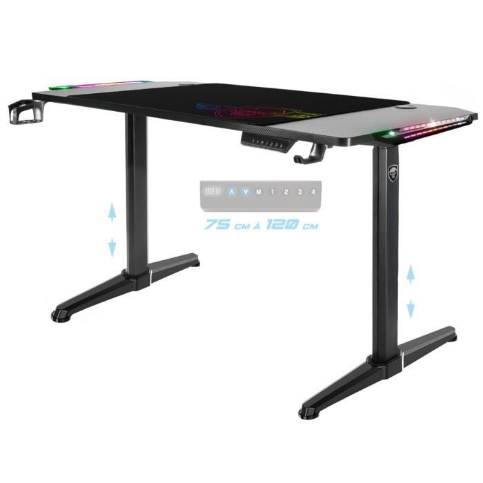 Bureau Gaming électrique motorisé Headquarter 800 à LED RGB, tapis XXL, support de casque et porte-gobelet