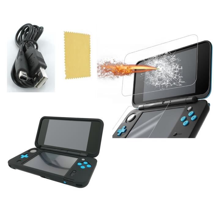 Pack 3 en 1 Nintendo New 2DS : Housse silicone Chargeur USB Protection écran verre trempé