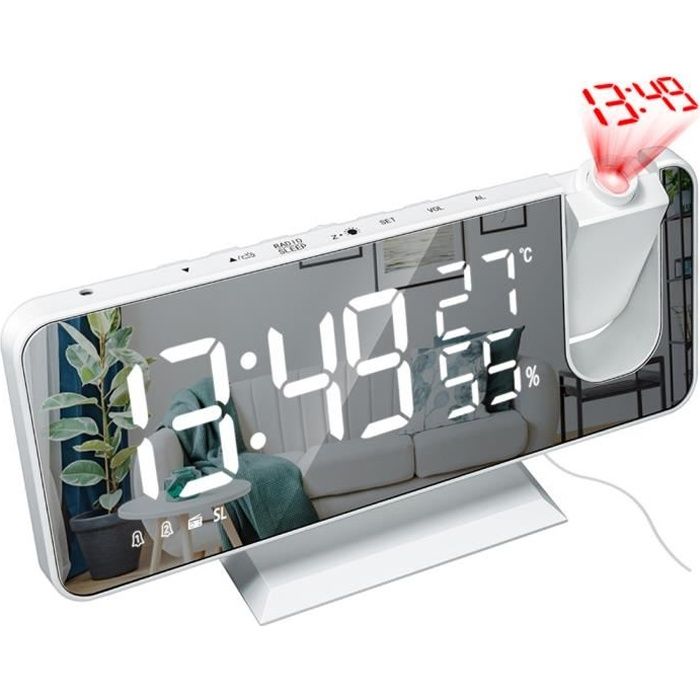 SURENHAP Réveil radio FM à projection LED miroir USB rechargeable blanc/noir