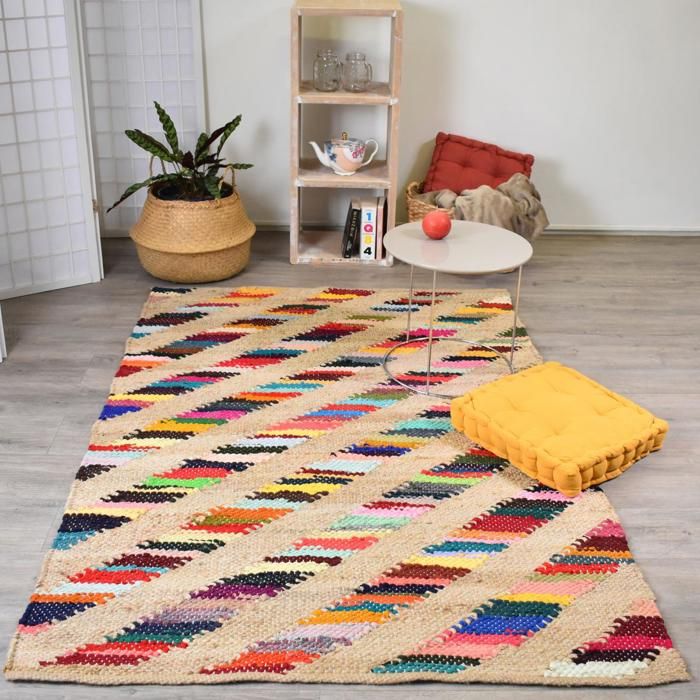 Tapis Kilim 160x160 Carre Cm Rainbow Jute Et Fil Recycle Multicolore Jute Un Amour De Tapis Cdiscount Maison
