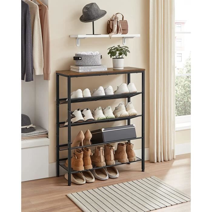 meuble à chaussures - vasagle - 5 niveaux - 4 étagères grillagées - marron rustique