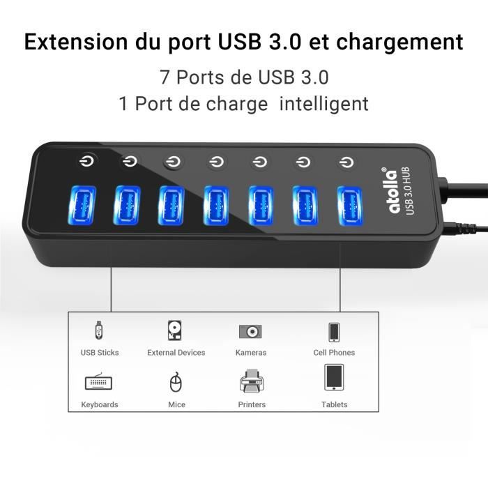 Hub USB 3.0 Atolla - 7 Ports Avec Commutateurs Individuels - Câble 1m - Noir - Occasion Fonctionnel