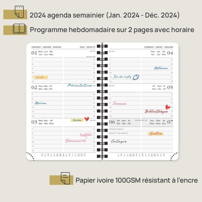 Agenda 2024: Semainier de Poche A6 Petit Format 10x15 Hebdomadaire en  Français. (French Edition)