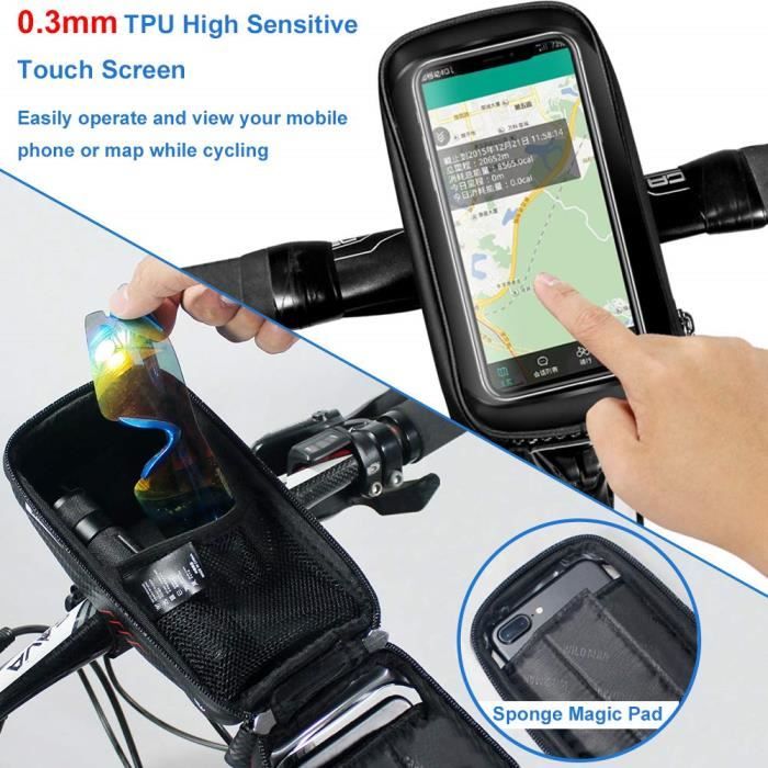 Sacoche Cadre de Vélo,Sacoche de Guidon étanche,Sacoche de  Vélo,Navigation,Support de téléphone portable avec écran noir