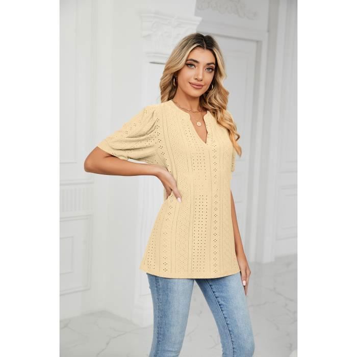 T-shirt Femme Col V Manches courtes Ciselé Jaune INSFITY 65