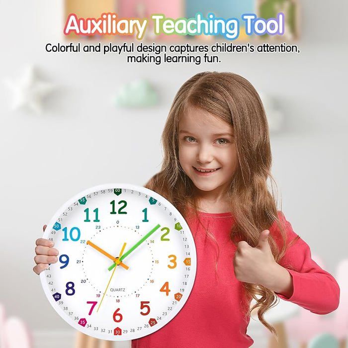 Horloge Murale Apprentissage Enfants – Silencieuse Sans Tic-Tac, Chiffres Colorés 3D, 30 Cm Pour Chambre, École Et Salon
