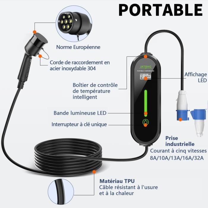 Chargeur portable pour voiture électrique Type 1 vers Type 2 - 10mètres -  10A à 16A - 2,3kw à 3,7kw