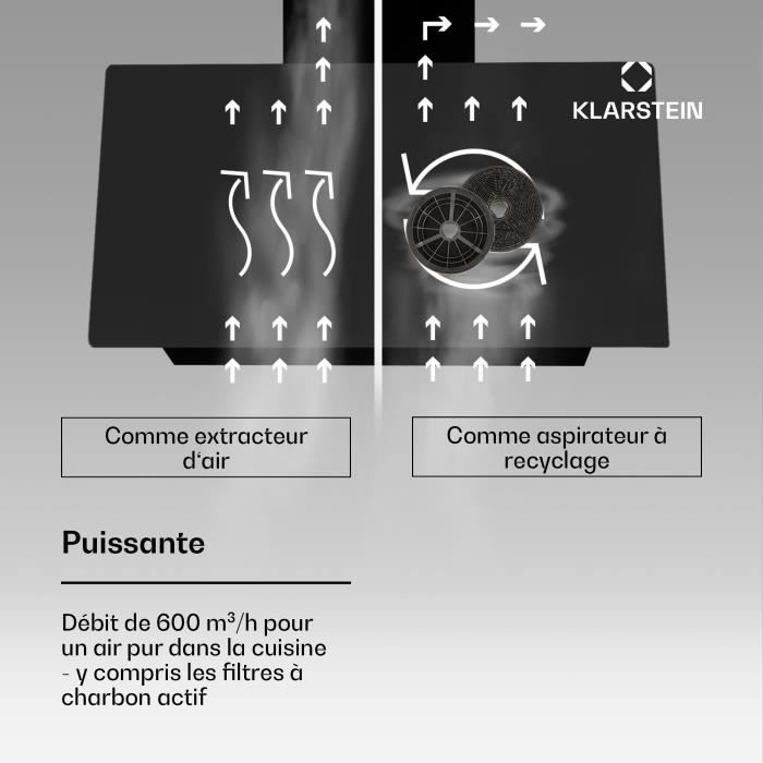 Klarstein Hotte aspirante, Filtre compatible lavevaisselle en aluminium, Débit de 600 m³h, LED