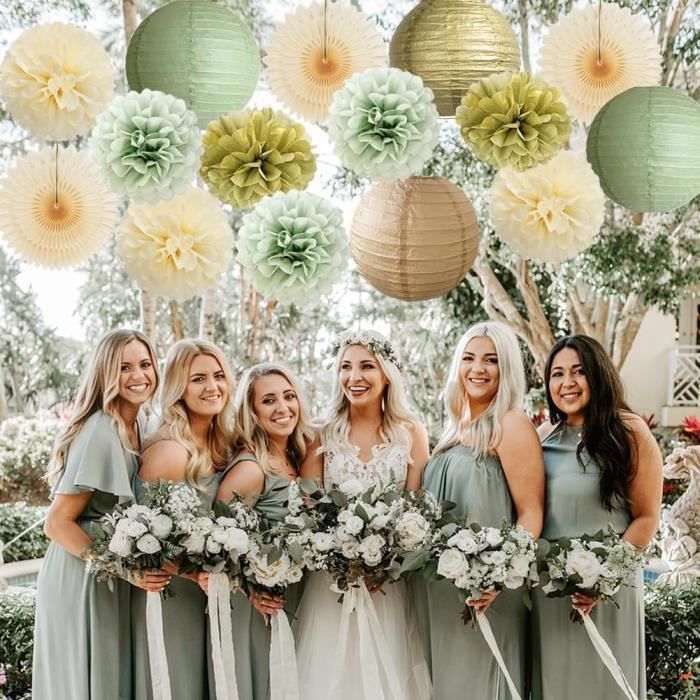 Décorations De Fête Vert Olive Sauge Et Or - Pompons En Papier De Soie Vert Sauge Et Doré - Lanternes En Papier De Soie à Pois Ronds à Suspendre Pour Femmes Et