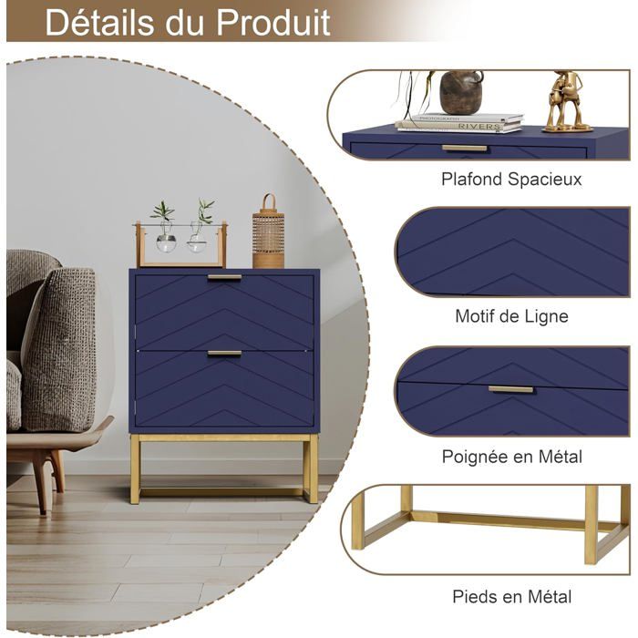 Table De Chevet LONELYO – 2 Tiroirs, Design Rayé Bleu, Métal Robuste - 5