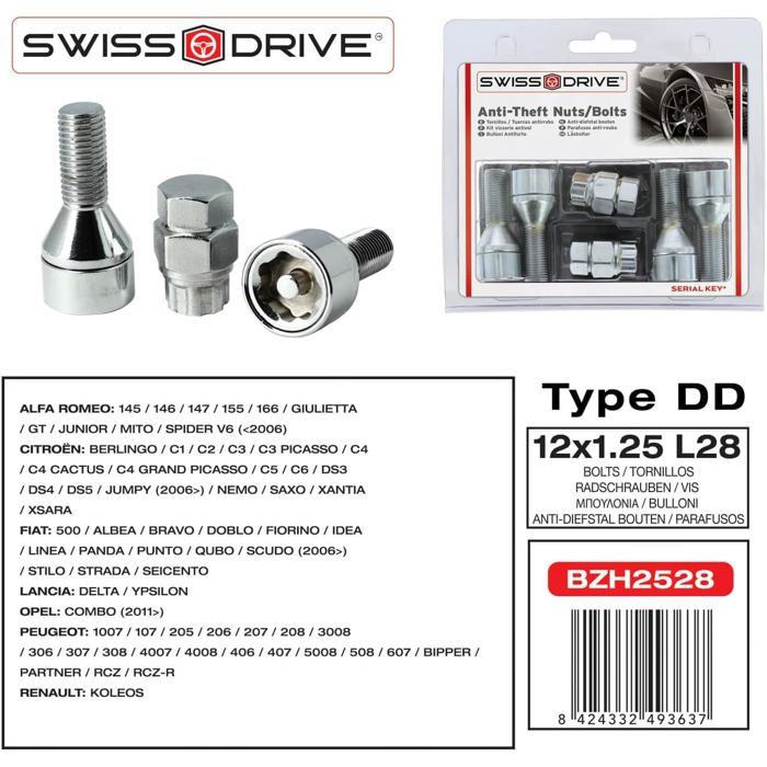 Kit 4 Vis Antivol 12x1.25 L28 Avec 2 Clefs Et Numéro De Série - Sécurité Roues