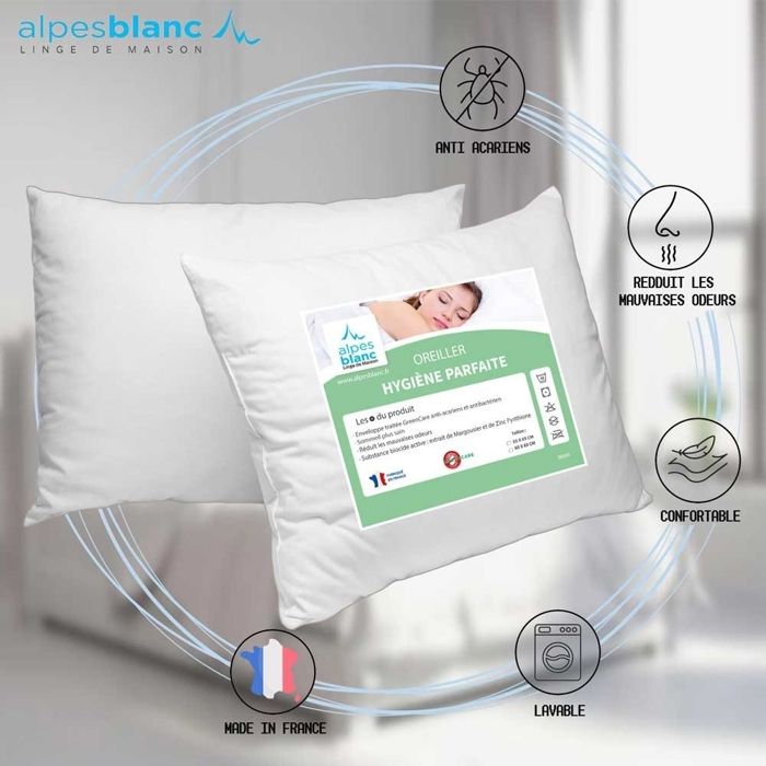 Oreiller Adulte Oreillers 48x74cm LOT 2 MISSMAO - Coussins Anti-acariens Rafraîchissants Gris 500g Oreillers Literie