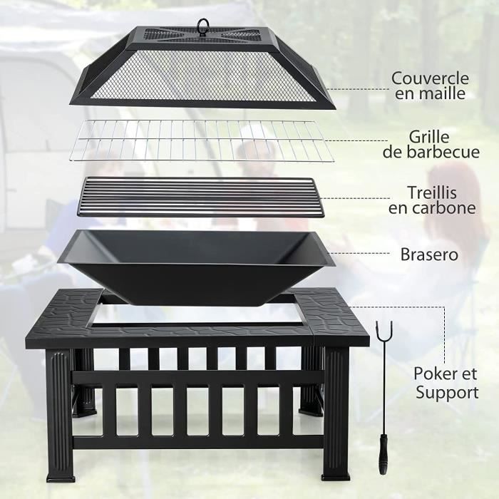 Brasero De Jardin Carré En Fer - Table Foyer Avec Maille Pare-étincelles - Pour Chauffage Et Barbecue - 81x81x50 Cm
