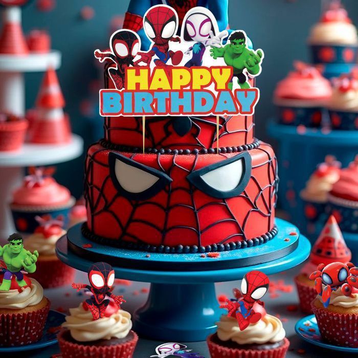7 Pièces Décoration Gâteau Spiderman Anniversaire – 1 Grand + 6 Petits Toppers – Thème Araignée Garçons Filles