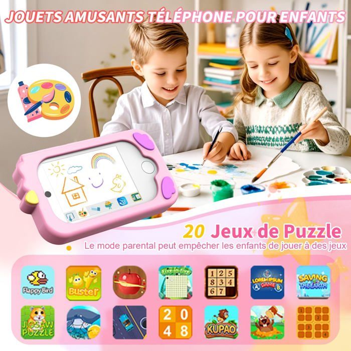 Téléphone Jouet Pour Filles 3-12 Ans - Écran Tactile 2,8 Pouces, Double Caméra, 44 Jeux, Apprentissage, Musique - Cadeau Anniversaire Noël Avec Carte 32 Go - 3