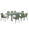 Salle à manger de jardin en aluminium : une table extensible 180/240cm et 8 fauteuils empilables avec accoudoirs acacia - Vert amand-0