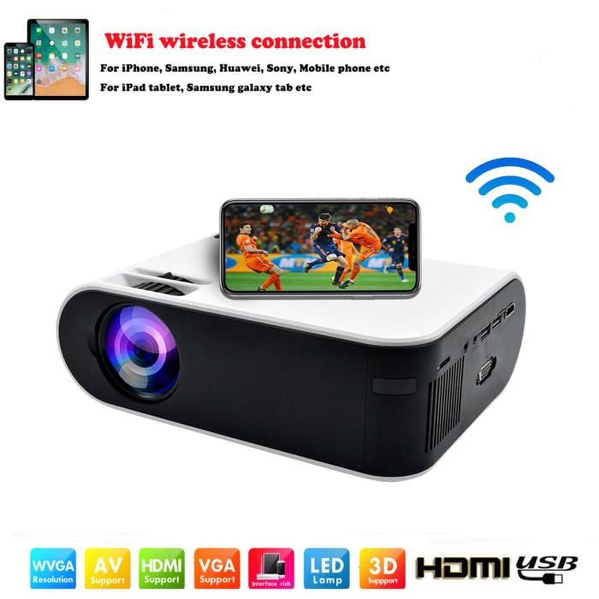 FULOZO® Blanc Mini LED Vidéo Projecteur 1080P Full HD WiFi