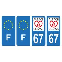 Lot 4 Autocollants plaque immatriculation voiture département 67 Bas-Rhin Région Alsass Alsace & F France Europe