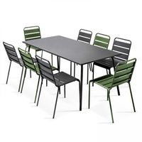 Ensemble table et 8 chaises métal gris et vert cactus - OVIALA - PALAVAS - Rectangulaire - Jardin - 8 personnes