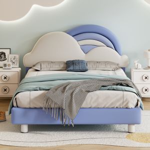 SOMMIER Lit double 140x200cm,lit enfant,lit jeune,lit rembourré avec tête de lit confortable nuage arc-en-ciel,PU,​​​​bleu