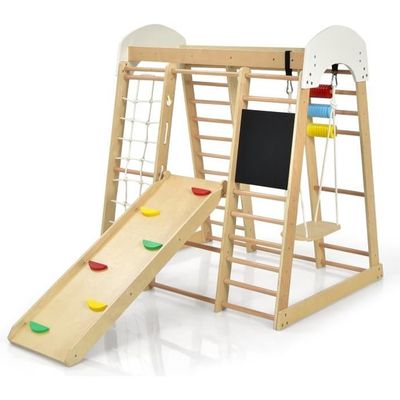 Aire De Jeux D'escalade 5 En 1 HOMCOM Pour Enfants - Avec Balançoire, Filet, Mur D'escalade Et échelle, 120x105x120 Cm, En Bois De Hêtre Naturel