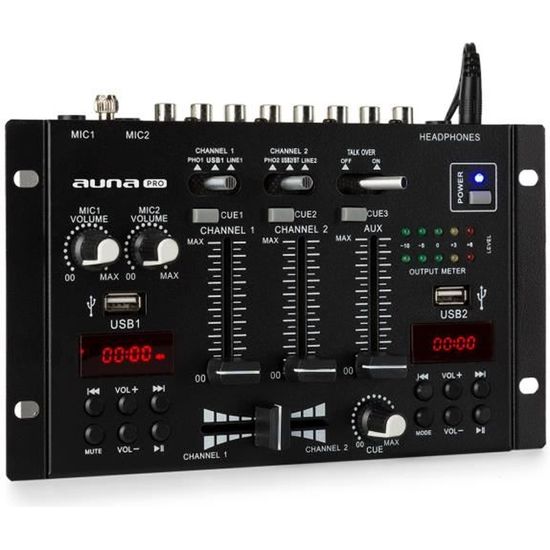 Auna Pro DJ-22BT MKII Table de mixage pour DJ 3/2 canaux BT 2x USB compatible rack noire