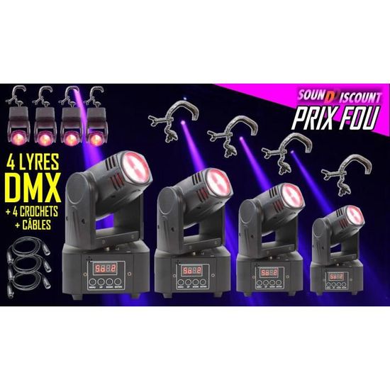 JEU DE LUMIERE PACK DE 2 LYRES LMH SPOT7 DMX + 1 LED8-MINI PA DJ SONO