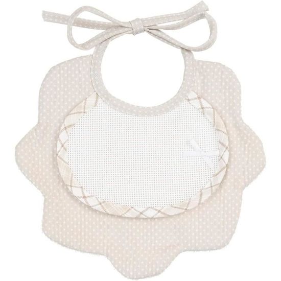 Bavoir Double Couche à Broder Filet - Piqué Coton Taupe Pois Blancs Avec Insert Aida