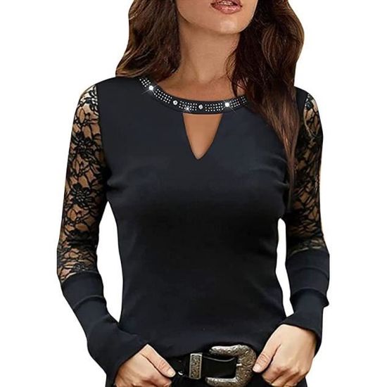 Hauts Femme Mode Tops Sexy Col en V Blouse Dentelle Manches Longues T