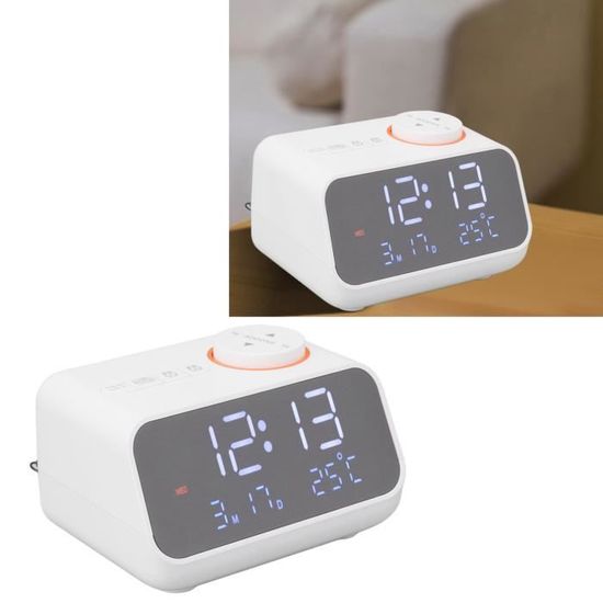 Haut-parleur Bluetooth Avec Horloge Miroir Et Radio FM - Affichage Température - Microphone Antibruit - Réveil Double Alarme - Blanc
