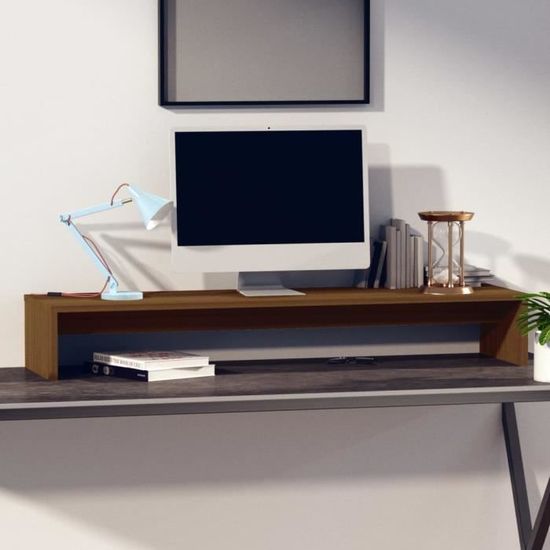 Support Double Moniteur En Bois - 100x27x10 Cm, Capacité 25 Kg, Rangement Intégré, Ergonomique
