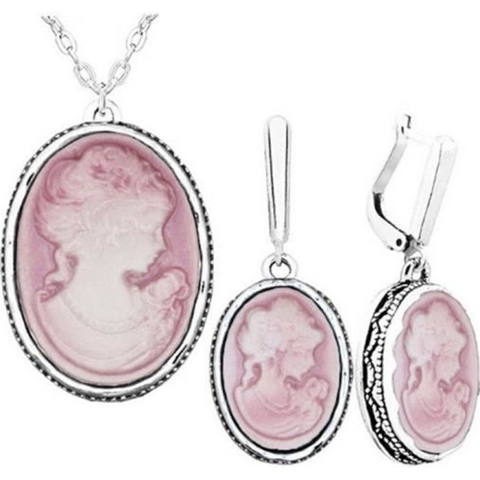 Parure Bijoux Camée Nacre Rose Femme Argent 925