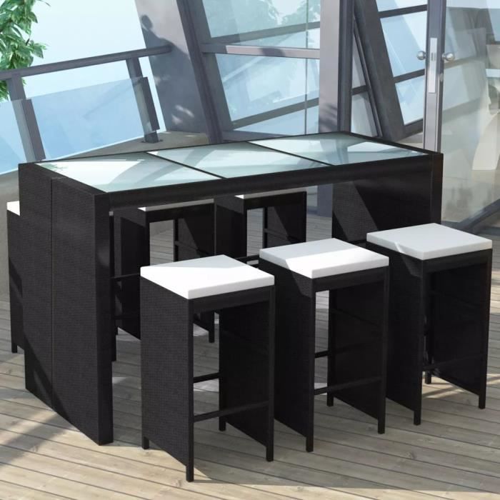 Magnifique - Ensemble Table de bar + 6 tabourets bar et coussins - Meuble de bar de jardin 7 pcs - Résine tressée Noir
