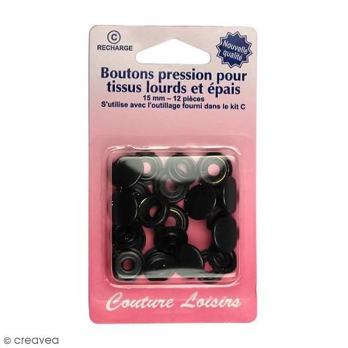 Bouton pression Noir 15 mm - 12 pcs - Pour tissus lourds et épais