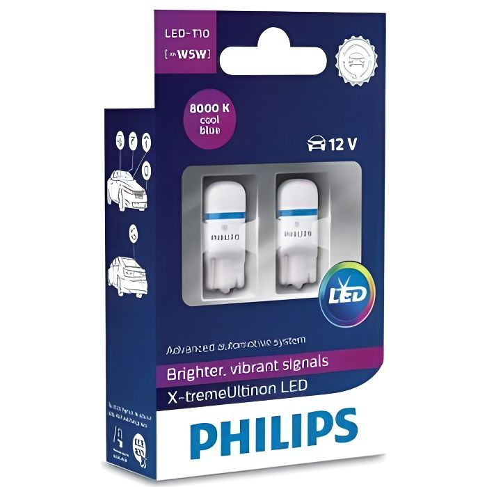 2 AMPOULES T10 PHILIPS X-TREME ULTINON VISION LED 8000K