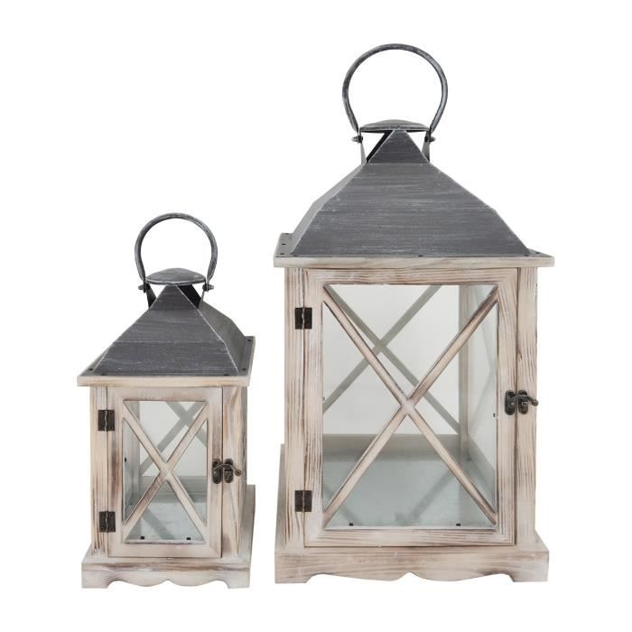 Rebecca Mobili Set de 2 Lanternes Décoratives Bois Métal Verre 52x28x28