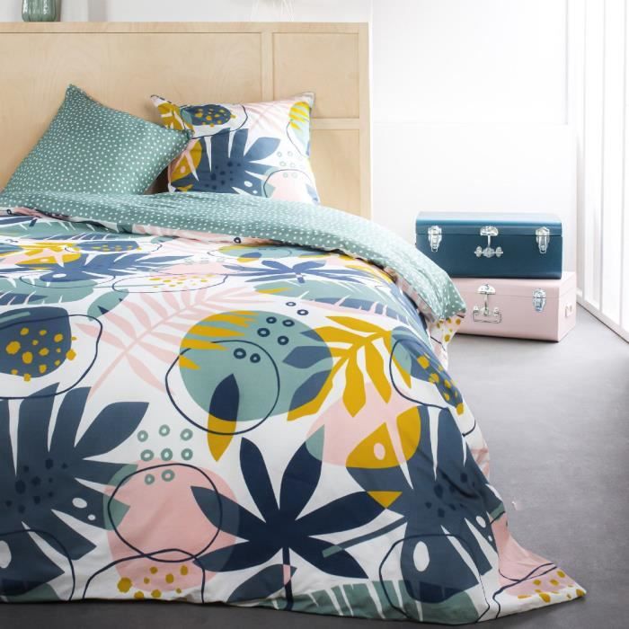 Parure de lit Sunshine - 2 personnes - 220 x 240 cm - 100% coton - Bleu Motif Tropical - TODAY