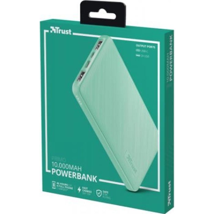 Trust - Batterie de secours externe Ultra plate -Primo- - Triple port USB - 10 000mAh - Vert