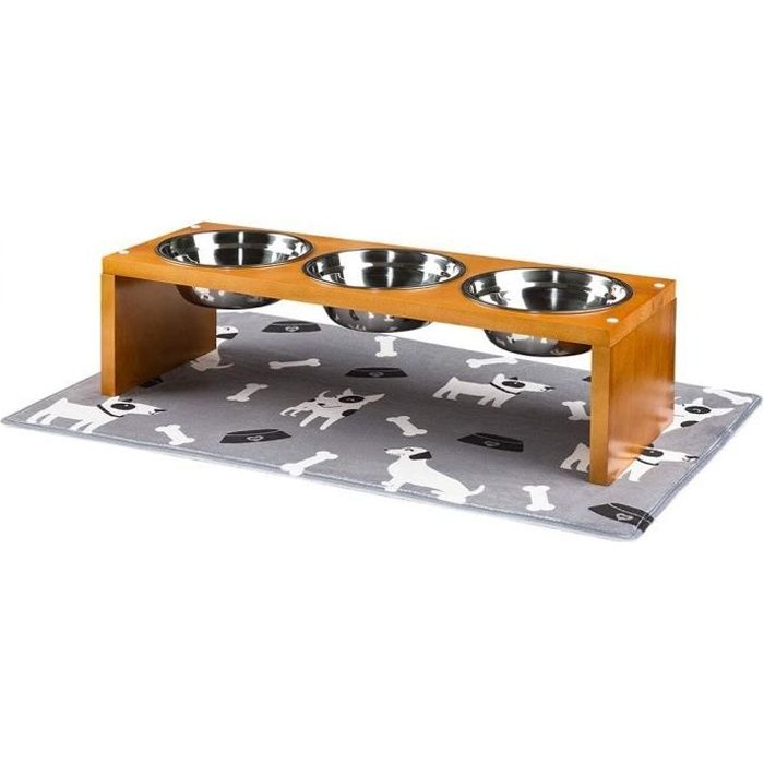 YANGBAGA-66 x 23 x 18cm Support à Gamelle pour Plusieurs Chiens Chats, 3 Gamelles en Acier Inoxydable-InclusTapis Ultra Absorbant