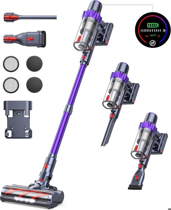 Aspirateur Balai Sans Fil 3-en-1 - 15KPa, 65 Min Autonomie, Brosse Motorisée, Filtre HEPA Lavable