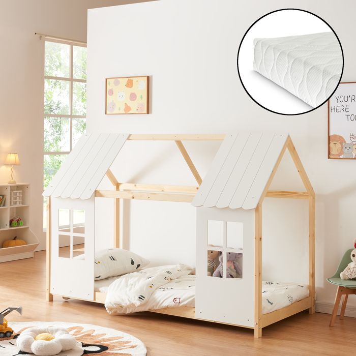 Lit cabane Tostedt pour enfant 90 x 200 cm avec matelas sommier à lattes bois de pin naturel blanc [en.casa]