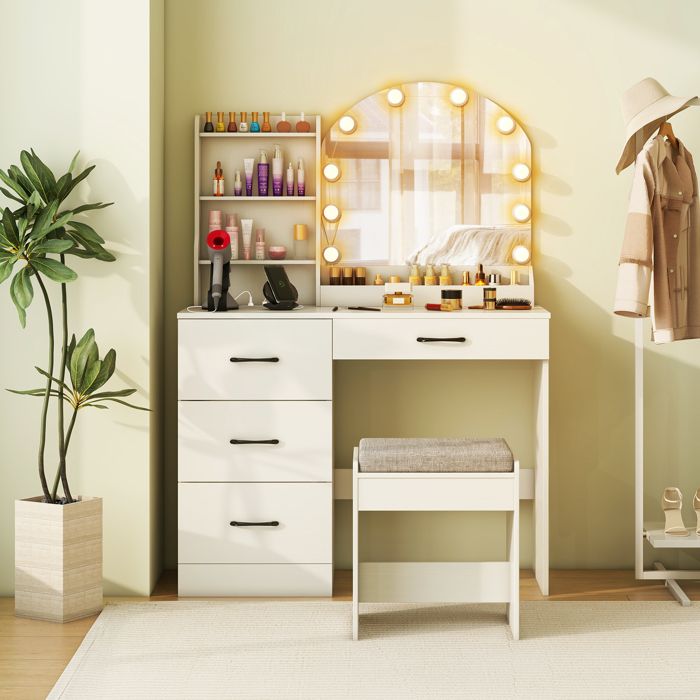 COSTWAY Ensemble de Coiffeuse et Tabouret avec Miroir et Lumières LED Réglables à 3 Couleurs Station de Charge 4 Tiroirs Blanc COSTWAY Ensemble de Coiffeuse et Tabouret avec Miroir et Lumières LED Réglables à 3 Couleurs Station de Charge 4 Tiroirs Blanc