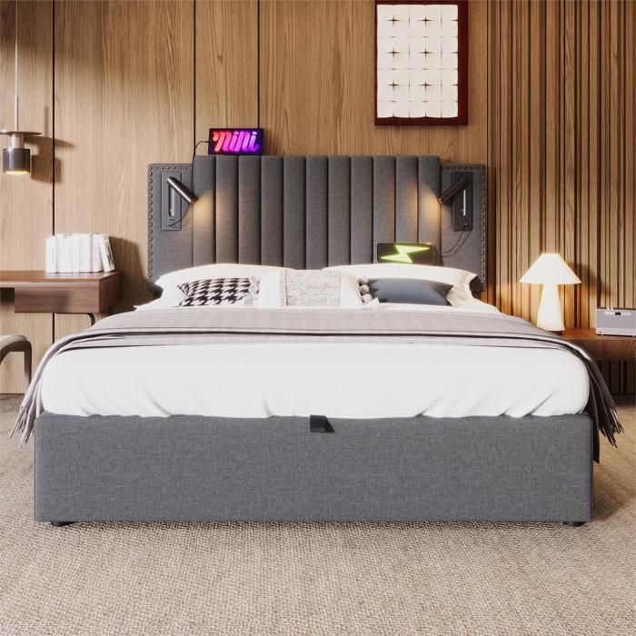 Lit Double 140x200cm Avec Rangement - Tête De Lit Lampe & USB Dossier Rivet Cadre Lattes Coton Gris(sans Matelas) Lit Double 140x200cm Avec Rangement - Tête De Lit Lampe & USB Dossier Rivet Cadre Lattes Coton Gris(sans Matelas)