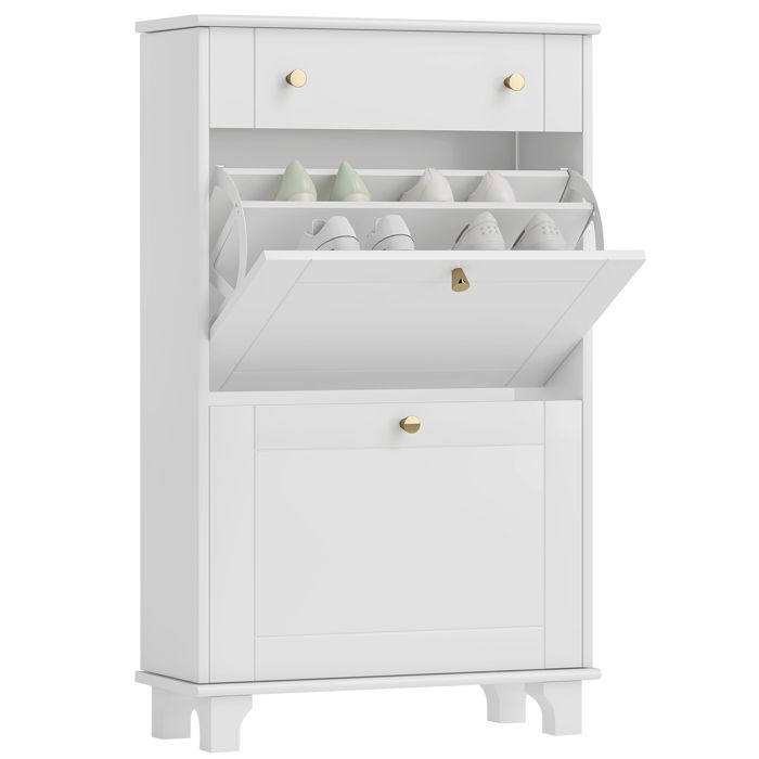 Meuble chaussure entrée étroit - HOMCOM - tiroirs à portes abattants et étagère réglable - 60 x 235 x 985 cm - blanc
