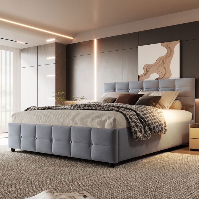 Lit Coffre Rembourré 180 x 200 cm Aavec Sommier a Lattes Lit Double Hydraulique Velours Hollandais Facile a Nettoyer Gris